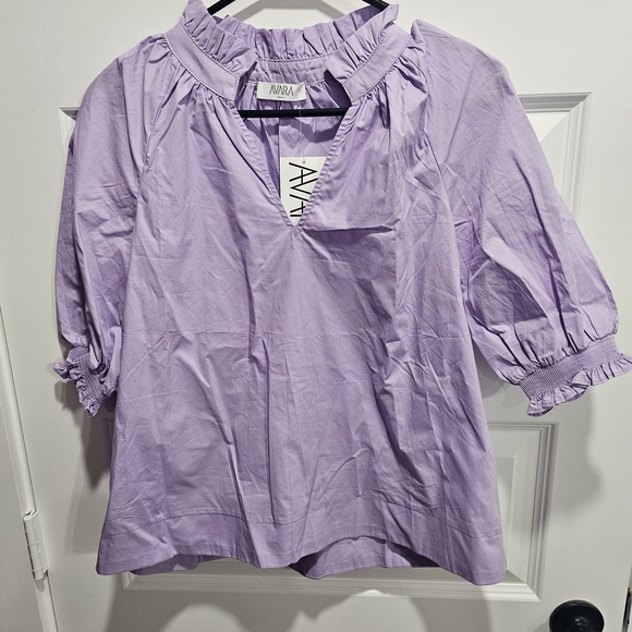 Avara Tops - AVARA Lavender Ruffle-Trim Puff Sleeve Blouse